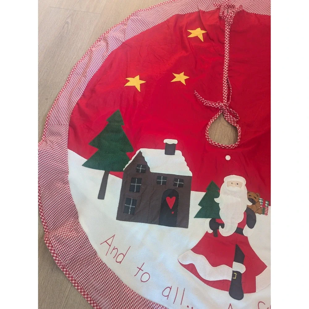 VTG Christmas Tree Skirt Felt Patchwork Applique Gingham Trim  Santa Claus 48'